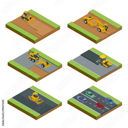 Transport for laying and repair of asphalt. Isometric concept of Forklifts, Asphalt Paver, Wheel tractor-scraper, Excavator, Tractor, Bulldozer, Truck.