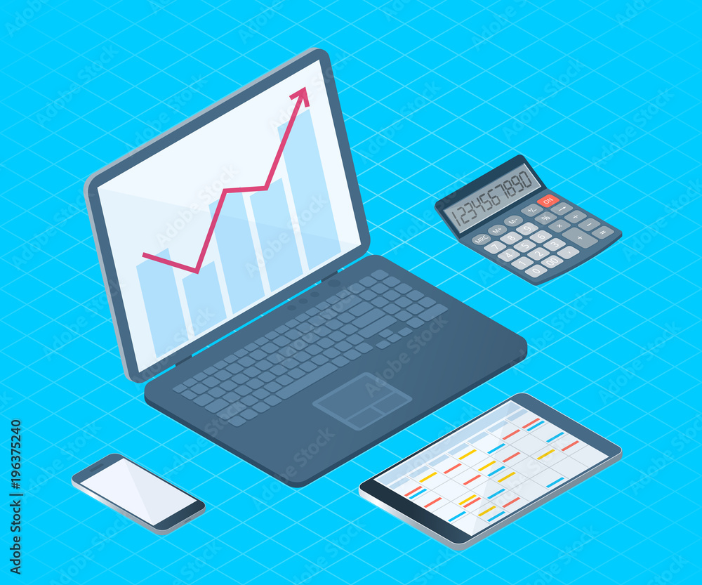 Fototapeta premium Flat left top view isometric illustration of office desktop electronic equipment. Business and school vector concept of laptop with growth arrow graph, cell phone, tablet pc, mathematical calculator.