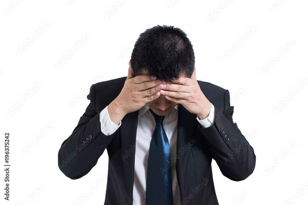 Businessman under stressed with a headache isolated on white background. Disappointed gloomy young man resting his head on hand having suicidal thoughts. Human emotion facial expression, Troubled, Businessman under stressed with a headache isolated on white background. Disappointed gloomy young man resting his head on hand having suicidal thoughts. Human emotion facial expression, Troubled,