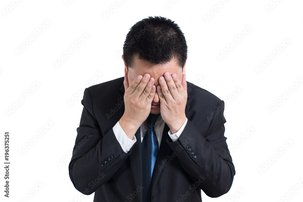 Businessman under stressed with a headache isolated on white background. Disappointed gloomy young man resting his head on hand having suicidal thoughts. Human emotion facial expression, Troubled, Businessman under stressed with a headache isolated on white background. Disappointed gloomy young man resting his head on hand having suicidal thoughts. Human emotion facial expression, Troubled,