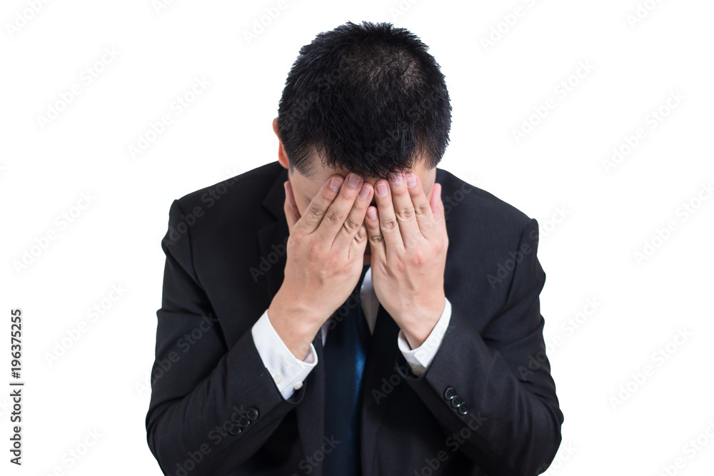 Businessman under stressed with a headache isolated on white background. Disappointed gloomy young man resting his head on hand having suicidal thoughts. Human emotion facial expression, Troubled, Businessman under stressed with a headache isolated on white background. Disappointed gloomy young man resting his head on hand having suicidal thoughts. Human emotion facial expression, Troubled,