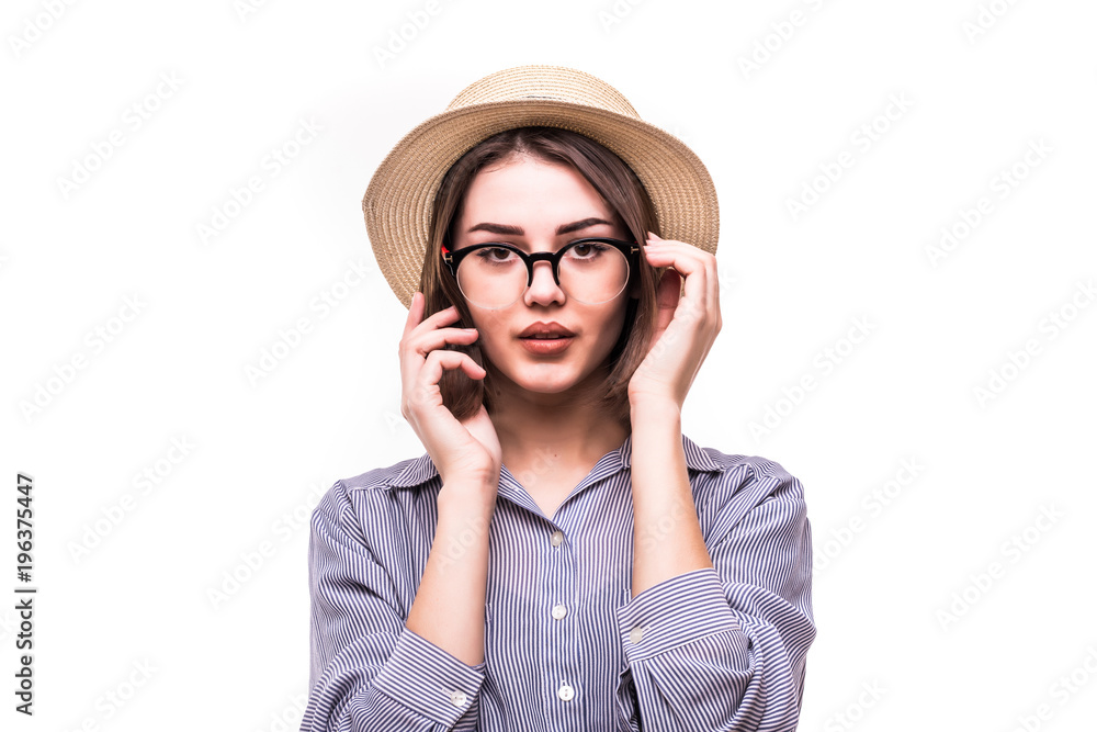 Portrait of a cheerful smiling girl in straw hat isolated over white background Portrait of a cheerful smiling girl in straw hat isolated over white background