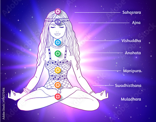 Woman in pose of lotus on space background