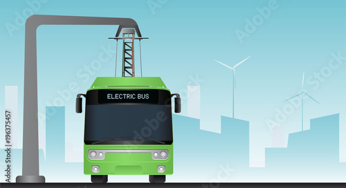 Green electric bus at a stop is charged by pantograph. Vector illustration EPS 10