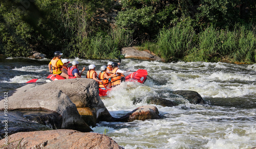White water rafting on the rapids of river in Ukraine