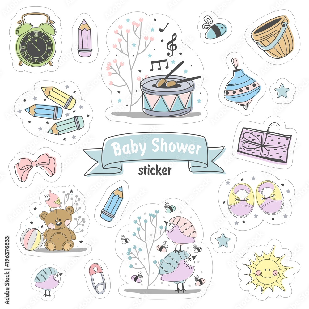 Set of Baby shower stickers. Isolated on a white background drawn by hand. Set of Baby shower stickers. Isolated on a white background drawn by hand.