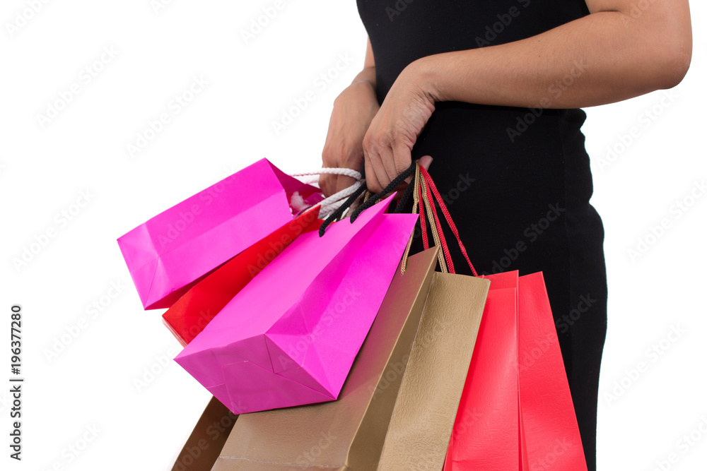 Closeup Midsection of beautiful young Asian woman with colorful shopping bags.