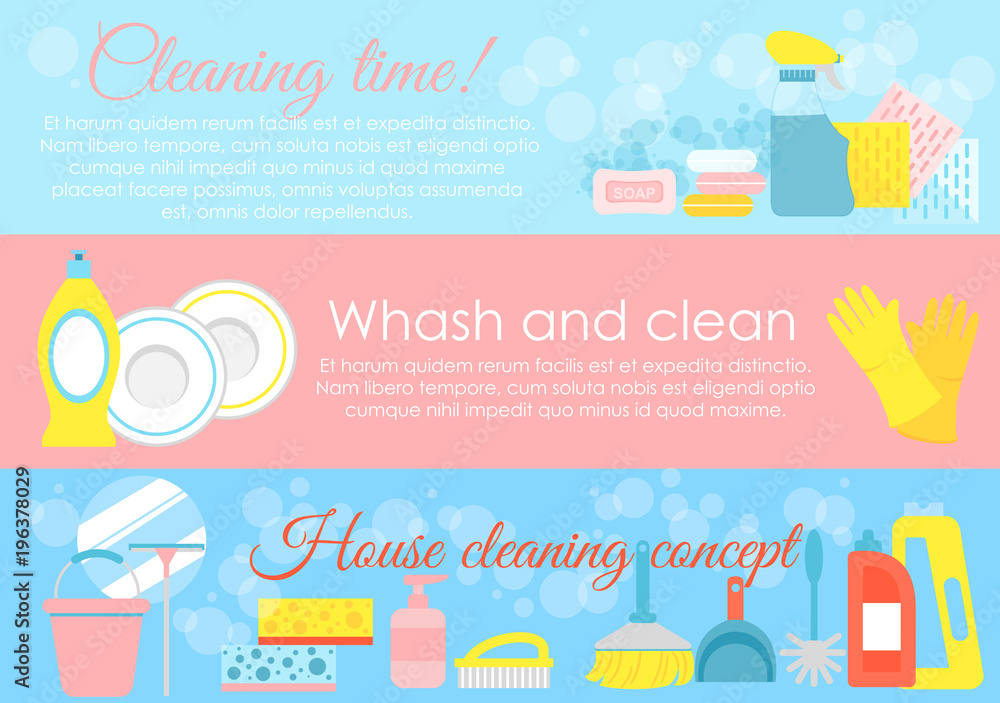 Fototapeta premium Vector illustration set of house cleaning elements, hygiene concepts with place for text and lot of icons in pastel blue and pink colors in flat style.