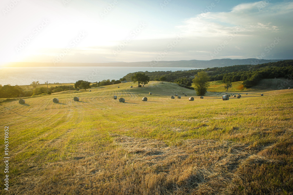 Beautiful light of the morning sun in the italian landscape and round bales