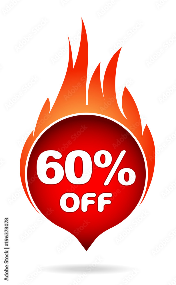 60 percent off red blazing speech bubble, sticker, label or icon with shadow and flame for your design. 60 percent off red blazing speech bubble, sticker, label or icon with shadow and flame for your design.