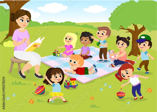 Vector illustration of children s activities at the summer camp  kids playing in the park  teacher is reading book for happy kids in flat cartoon style.