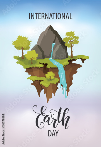 Floating island, green landscape. Earth Day.  Vector Illustration EPS10.
