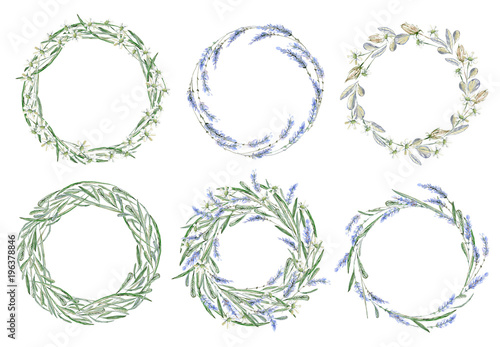 Fototapeta Naklejka Na Ścianę i Meble -  Watercolor hand drawn frame. Wreath. Card. Flowers, herbs and le