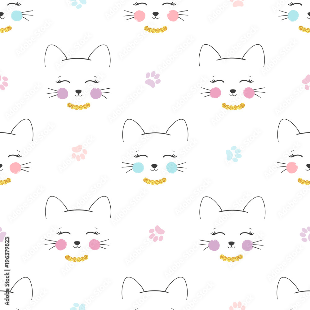 Obraz premium Seamless cute cats pattern. Vector background for kids.