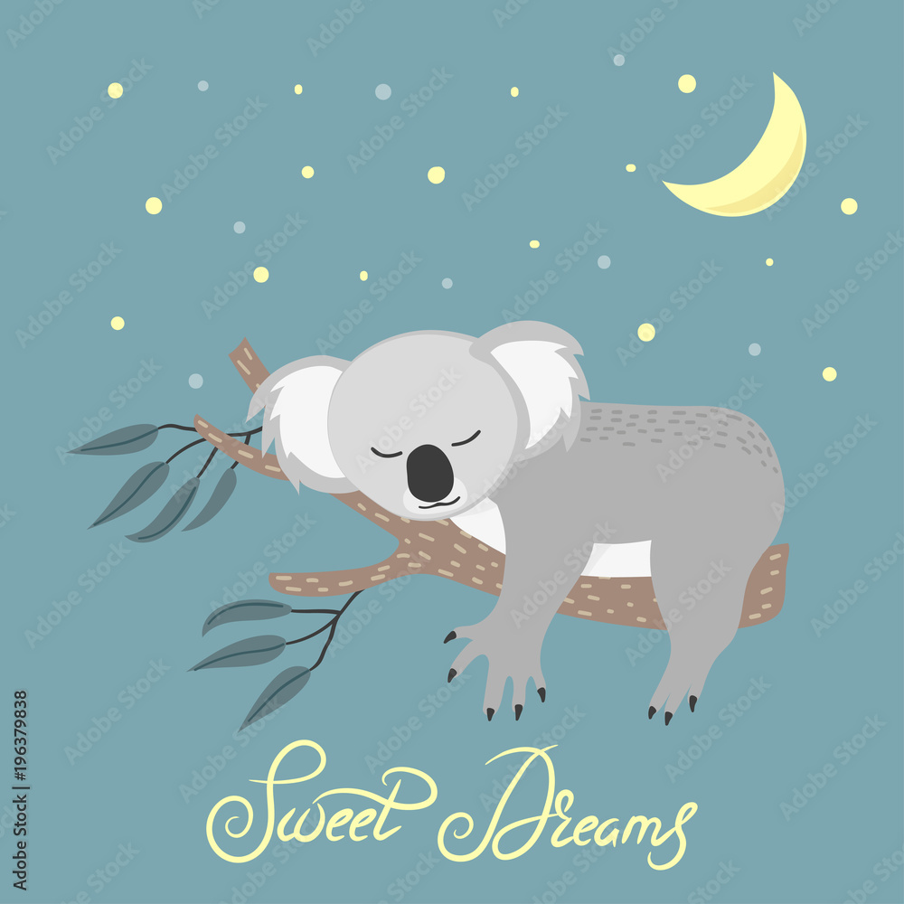 Cute sleeping koala on the tree. Sweet dreams vector illustration. Cute sleeping koala on the tree. Sweet dreams vector illustration.