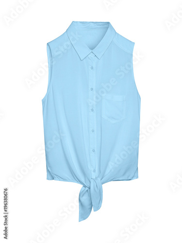 Pale light blue elegant summer sleeveless woman blouse shirt with a collar, buttons and tie isolated white
