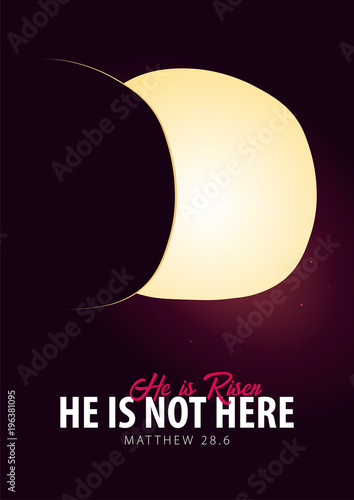 He is Risen. Celebrate the savior. Easter Church poster with open tomb, christian motive. Vector illustration