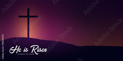 He is Risen. Celebrate the savior. Easter Church banner with cross, christian motive. Vector illustration
