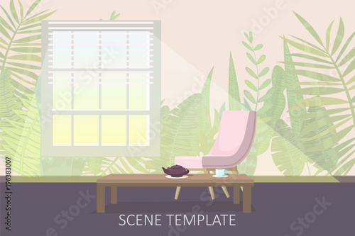 Interior template design of residential or living rooms with armchairs and a tea table on the background of wallpaper with a print of tropical plants and leaves, cartoon style, isolated, vector