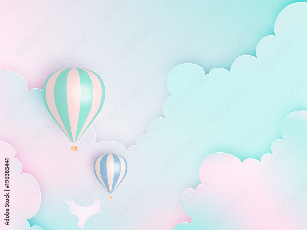 Hot air balloon paper art style with pastel sky backgroun