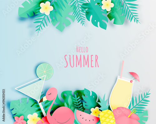 Tropical floral with flamingo and cocktail in paper art style and pastel color scheme