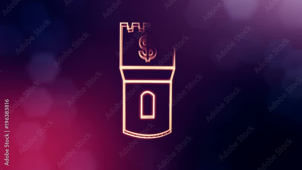 dollar sign in emblem of a tower. Finance background of luminous particles. 3D loop animation with depth of field, bokeh and copy space for your text. Violet color v2 dollar sign in emblem of a tower. Finance background of luminous particles. 3D loop animation with depth of field, bokeh and copy space for your text. Violet color v2