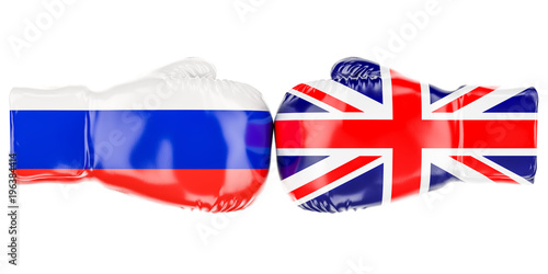 Boxing gloves with British and Russian flags. Governments conflict concept, 3D rendering