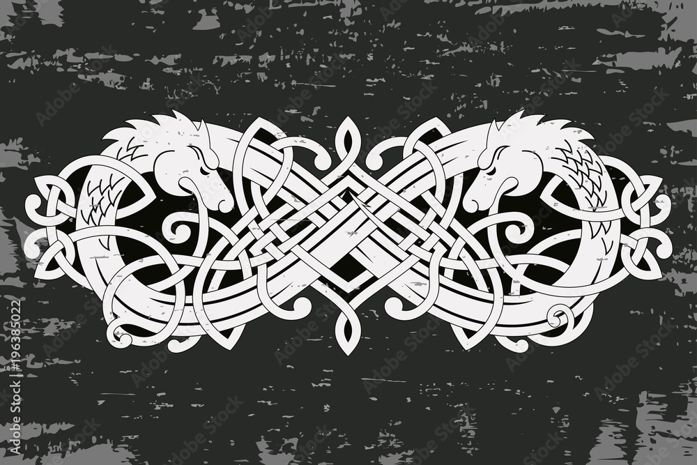Obraz premium Celtic two-headed dragon with national ornament intertwined ribbon on a gray background with the aging effect.