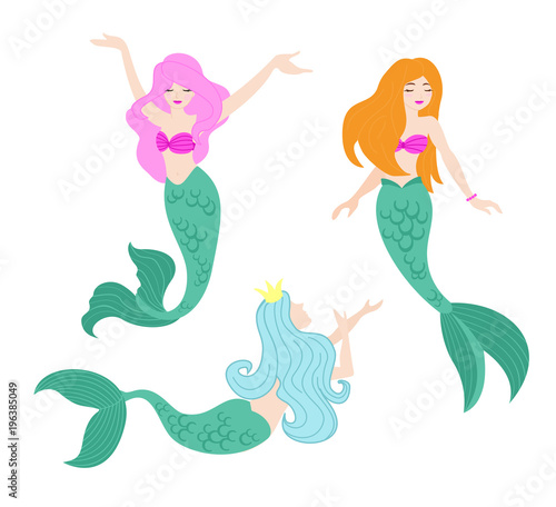 Vector illustration set of beautiful swimming mermaids with pink, blue and orange hair in different poses in flat cartoon style.