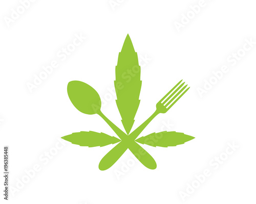 Green Marijuana Leaf with Crossed Spoon and Fork Sign Symbol Icon Logo Vector