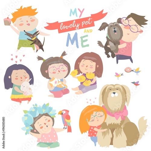 Set of characters. Children with pets.