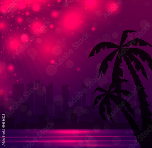 Evening illustration of a city beach with palm trees. Vector landscape for your design.