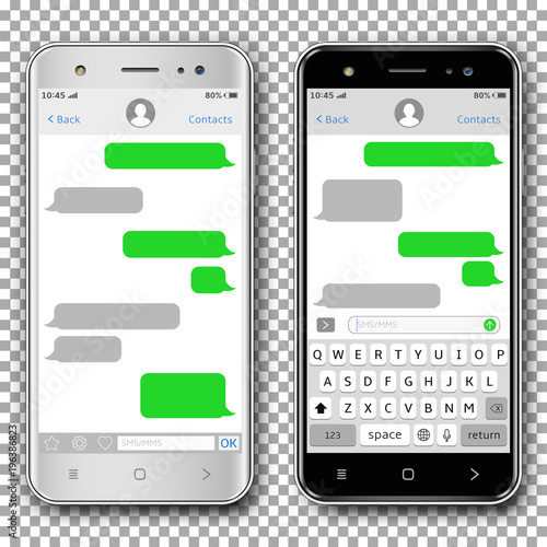 Vector smart phones with messaging sms app template, isolated on transparent background