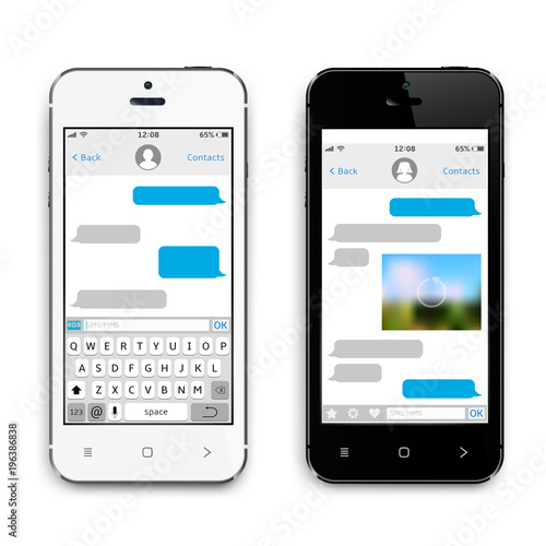 Two chat screens templates on smart phones. Isolated on white. Vector illustration.