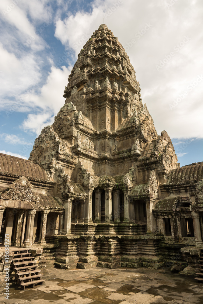 Central tower of iconic Angkor Wat temple complex in Cambodia