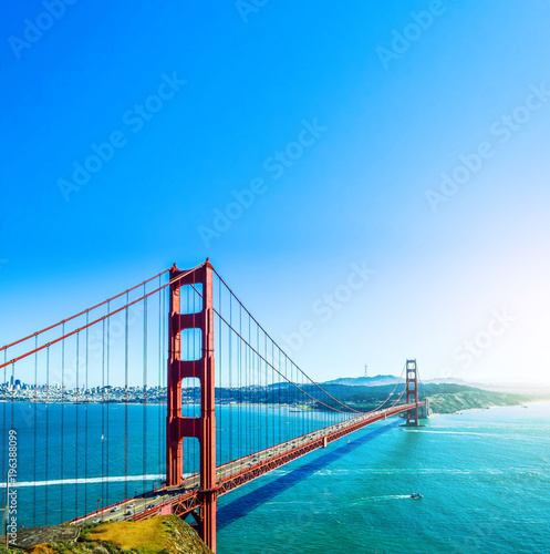 Red long bridge over the sea bay. The Golden Gate, San Francisco