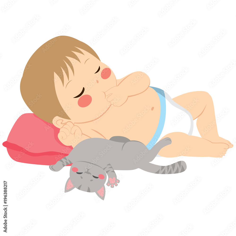 Obraz premium Young baby boy with cute little cat sleeping together peacefully