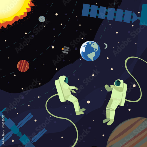 Astronaut in outerspace. Colorful abstract cartoon. Spacemen, satellite in outer cosmos. Moon, Earth planet. Stars, cosmonauts, space station background. Universe banner design. Vector illustration