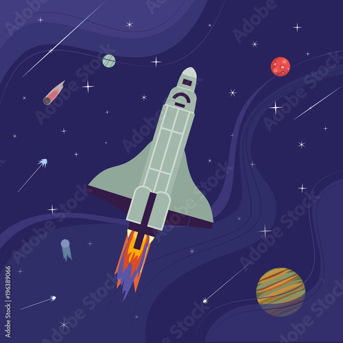 Rocket flight icon. Colorful cartoon style. Shuttle launch. Spaceship start up to outerspace cosmos. Cosmic travel in universe. Mars planet. Stars, comet, metheorite background. Vector illustration