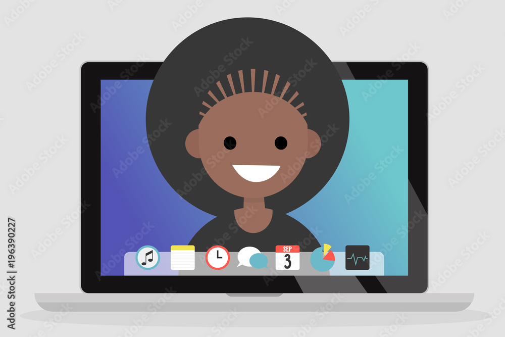 A portrait of smiling millennial on a laptop screen. Communication. Generation z. Flat editable vector illustration, clip art A portrait of smiling millennial on a laptop screen. Communication. Generation z. Flat editable vector illustration, clip art