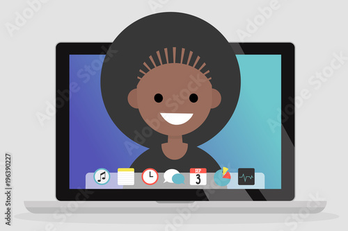 A portrait of smiling millennial on a laptop screen. Communication. Generation z. Flat editable vector illustration, clip art