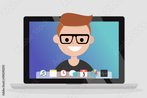 A portrait of smiling millennial on a laptop screen. Communication. Generation z. Flat editable vector illustration, clip art