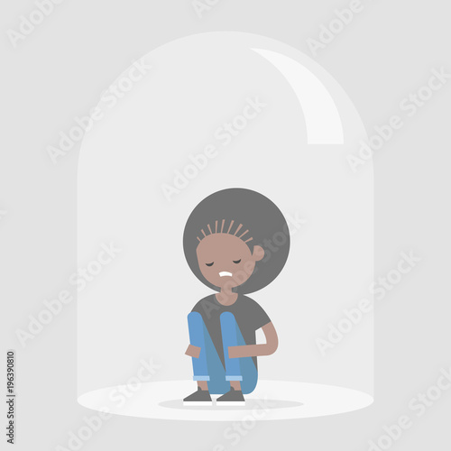 Young upset black girl sitting under the glass dome. Introvert. Depression. Flat editable vector illustration, clip art
