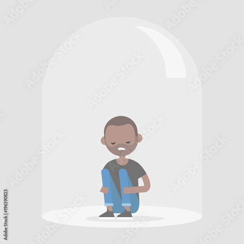 Young upset black character sitting under the glass dome. Introvert. Depression. Flat editable vector illustration, clip art