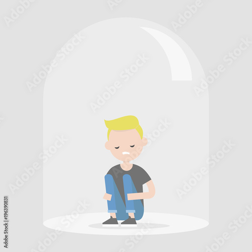 Young upset character sitting under the glass dome. Introvert. Depression. Flat editable vector illustration, clip art