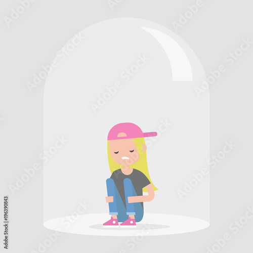 Young upset female character sitting under the glass dome. Introvert. Depression. Flat editable vector illustration, clip art
