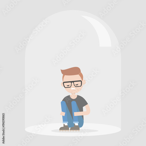 Young upset character sitting under the glass dome. Introvert. Depression. Flat editable vector illustration, clip art