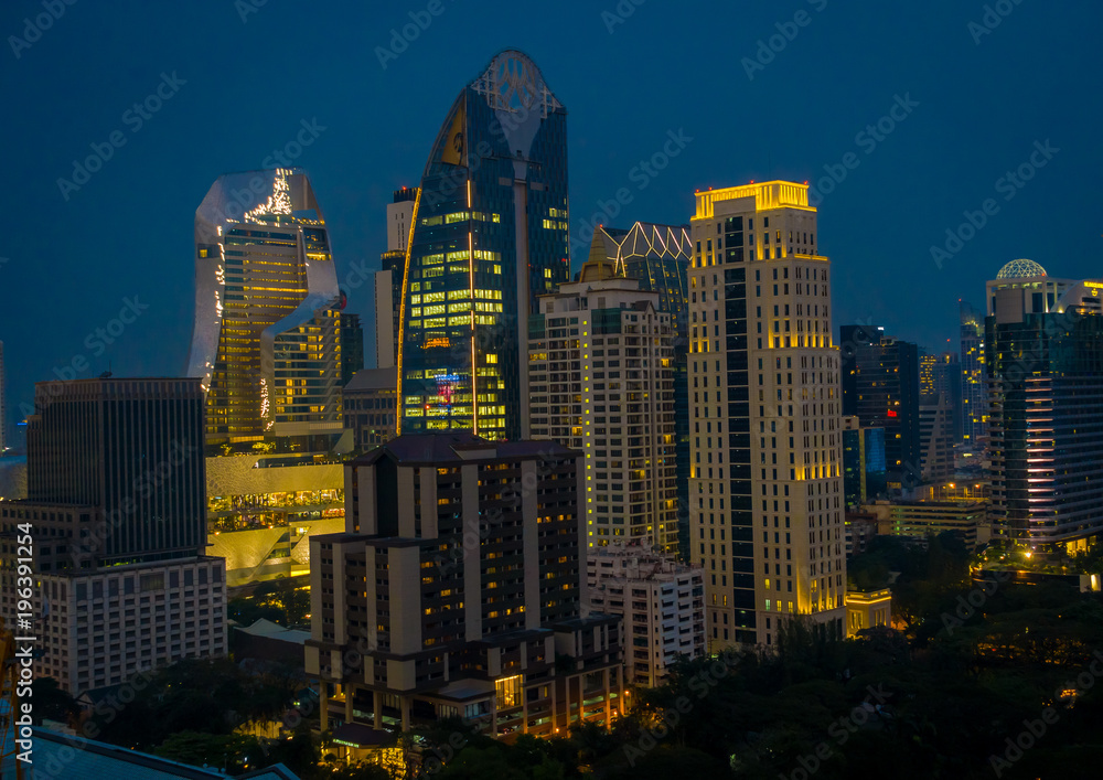 Beautiful panorama view of nightlife of Bangkok city and buildings