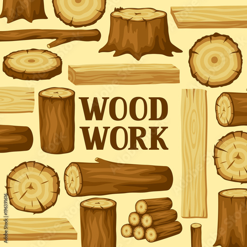 Background with wood logs, trunks and planks. Design for forestry and lumber industry