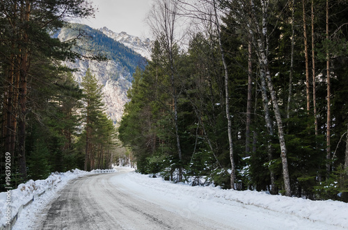 A view of a winter mountain road covered with snow and sand in a pine forest. Asphalt road under the snow. The concept of the seasons and winter travel. Winter forest